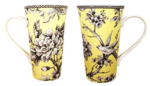 222 Fifth Adelaide Yellow (Birds) Fine Porcelain Tall Latte Mug Set of 2