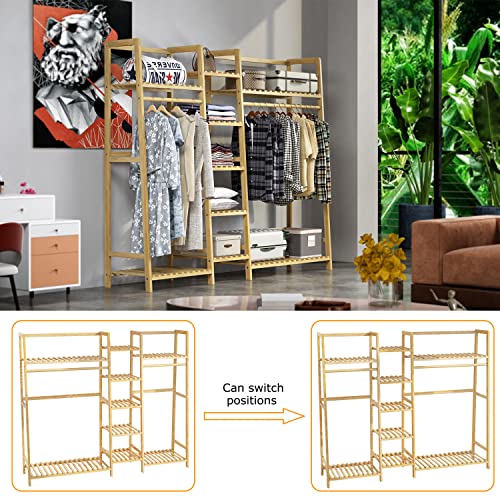 Strong Bamboo Clothing Garment Rack, Double Rod Hanging Clothes Rack Heavy Duty, FreeStanding