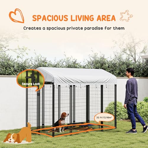 PawHut 8' x 4' x 6' Dog Run Outdoor, Large Outdoor Dog Kennel Welded Wire Steel Fence with UV-Resistant & Waterproof Cover, Secure Lock, Silver