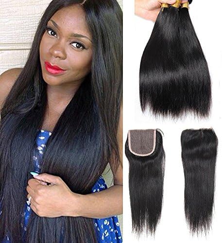 Jaycee Hair 7a Grade Brazilian Straight With Closure 3 4Bundles with Lace Closure Free Part 100% Unprocessed Virgin Human Hair Weave Extensions Bundles and Closure Natural Color (16 18 18+14)
