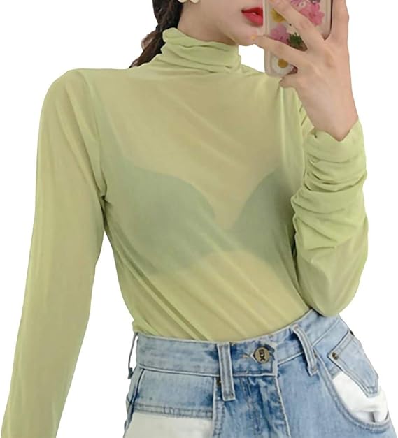 Amazon Lucky Anna シアー カットソー レディース トップス タートル ギャザー袖 レモングリーン Tシャツ カットソー 通販