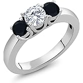 Gem Stone King 0.94 Cttw Round Lab Grown Diamond and Black Onyx 3-Stone Ring for Women | 925 Sterling Silver | 3 Stone Wedding Engagement Anniversary Promise Ring For Women