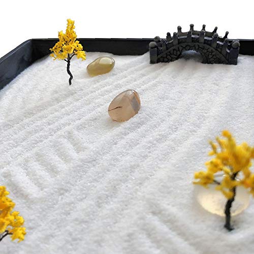 ICNBUYS Mini Zen Garden, Yellow Trees, Bridge, River and Pebbles with Free Tray, Sand, Rake, Bamboo Drawing Pen, Pushing Sand Pen and Zen Garden Drawing Guide Dimensions 7.9 x 5.5 x 0.4 inches - Thumbnail 2
