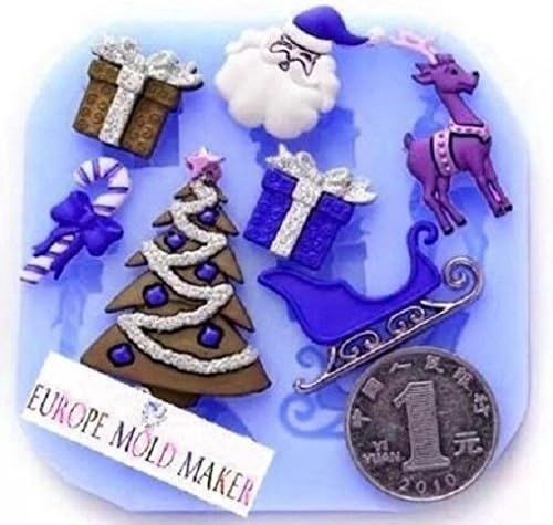 Silicone Mould for Making Casts of Christmas Accessories such as Santa, Reindeer, Christmas Tree, Gift Pack, Candy Bonbon, Sleigh. For Sugar Paste, Pastes/Fondants for Food/DIY Use.Cat: – Subject: Christmas Trees, Candy, Sleigh, Reindeer, Santa Claus