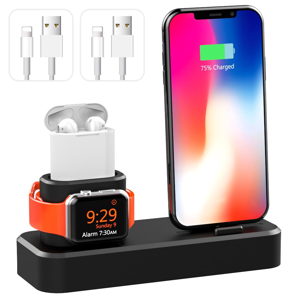 AODUKE 3 in 1 Silicone Charging Stand Dock for iWatch iPhone and Airpods 3/2/1/Pro, Charger Holder Bracket base for iWatch Ultra Series10-1 and iPhone 11/X/8/7/6/5-001-B