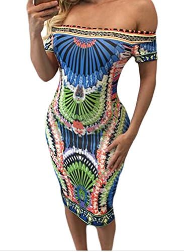 TomYork Vintage Paisley Print Off Shoulder Sheath Dress(LightBlue,S)