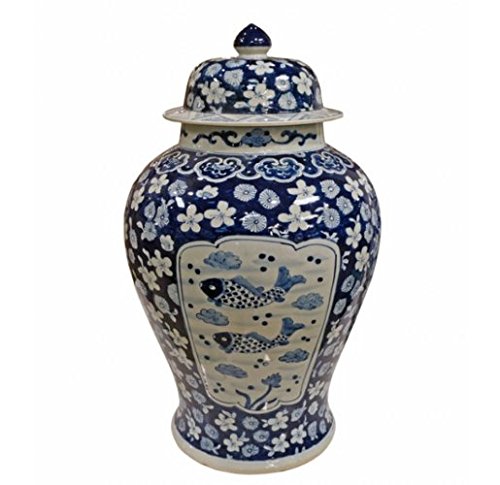 Asian Traditional Chinese Medallion Plum Fish Temple Jar in Blue and White