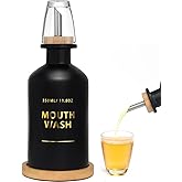 Ledanba Mouthwash Dispenser for Bathroom 11.8oz – Glass Mouthwash Bottle with Cup & Bamboo Tray, Gold Hot-Stamped Lettering, Silicone Base, Modern Bathroom Accessory (Black)