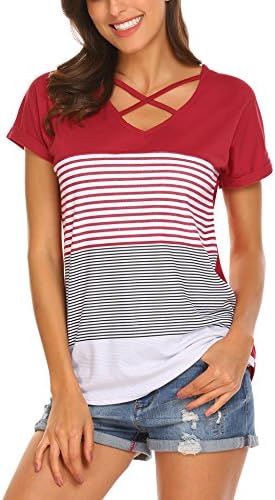 Venena Women's Short Sleeve Triple Color Block Stripe Criss Cross T Shirt Tunic Tops