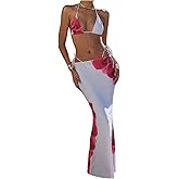 RoseSeek Women's 3 Piece Floral Swimsuit Halter Triangle String Bikini with Bodycon Beach Skirts Cover Up