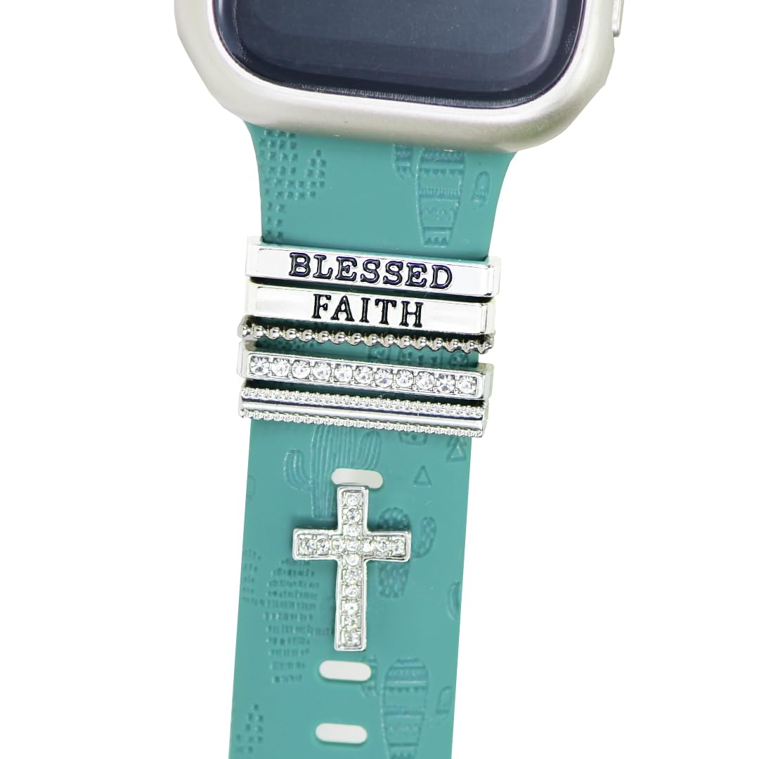 ESWEUOOM Women Blessed and Faith Cross Watch Band Charms for Apple Watch 38mm 40mm 41mm 42mm 44mm 45mm 49mm , Men Silver Metal Slide Decorative Rings Loops For iWatch series 8 7 6 5 4 3 2 se,For Samsung Galaxy watch 5/4, Smart Watchband Charms Studs Accessories