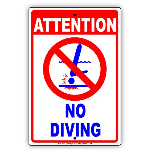 Attention No Diving With Graphic Shallow Water Pool Safety Protection Alert Caution Warning Notice Aluminum Metal Tin 8