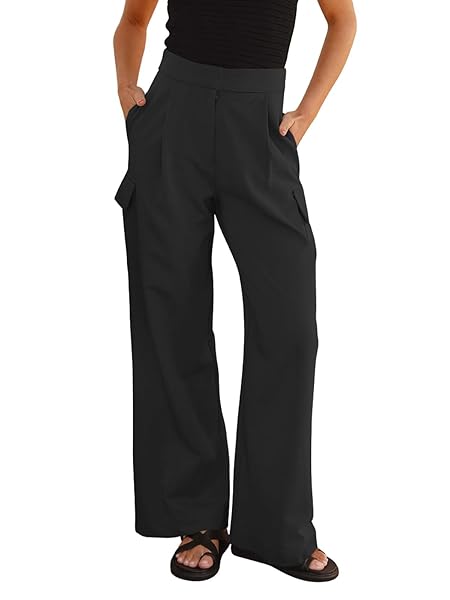 NIMIN WOMENS HIGH WAISTED WIDE LEG CARGO PANTS LOOSE OFFICE WORK DRESS PANTS TROUSERS WITH 4 POCKETS 2024 CLOTHES BLACK MEDIUM