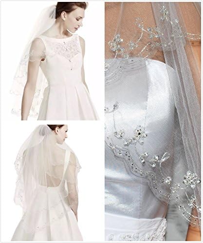 Gogh 2T 36" beaded scallop trimmed fingertip veils Short Crystal Bridal Wedding Veil 09