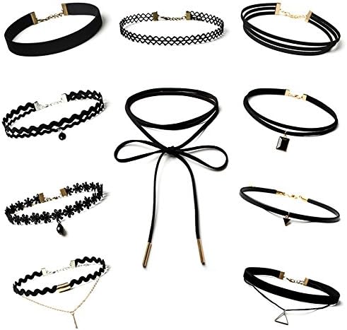 Chokers Set, Black Gothic Velvet Stretch Tattoo Necklace, 10 of Pack