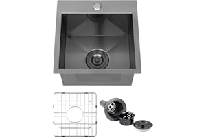 15 Black Bar Sink Drop In Workstation Kitchen Sink, FRANIC 15" x 15" x 9" Stainless Steel Matte Nano Black Topmount Single Bowl Small Kitchen Outdoor Sink