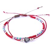 Boho Beaded Adjustable Bracelet Set for Women Teens and Girls, A Set of 2 Dark Red String Evil Eye Good Luck Protection Bracelets, Bohemian India Hippie Tribal Style, Handmade Jewelry Gifts by Tribes