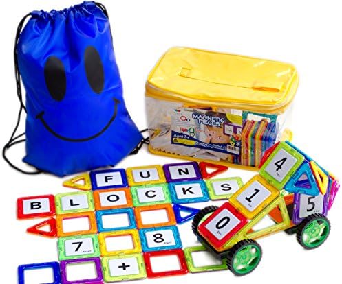 Educational Toys Magnets Set For Kids Building Blocks 42 Magna Tiles 3D Geometric Shapes 26 Alphabet Letters 15 Numbers and Math Symbols for Critical Thinking Math Skills Happy Face Toy Bag Included