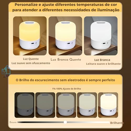 Luminária de Mesa LED Recarregável com Relógio Digital e Controle Remoto, Abajur Touch Ajustavel Sem Fio Portátil, Luz Noturna para Quarto Infantil, Berçário Escritório e Criado mudo
