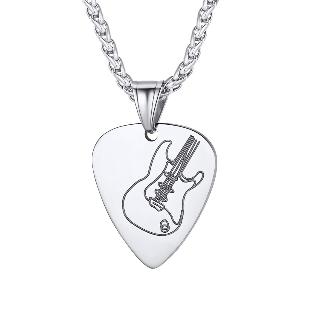 Suplight Mens Pendants Silver Guitar Pick Necklace for Husband Men Stainless Steel Guitar Music Lover Jewellery