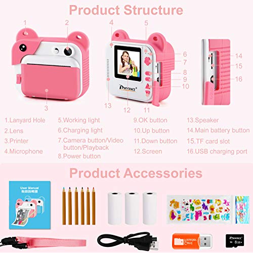 PROGRACE Instant Print Camera for Kids, Kids Instant Camera for Travel Learning Birthday Gift, Portable Digital Creative Print Camera for Girls Zero Ink Kids Camera Toy with Print Paper(Pink)