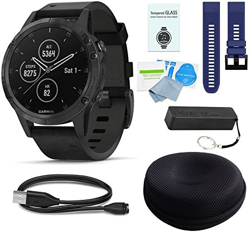 WhoIsCamera Garmin Fenix 5 Plus Sapphire Black w/Black Leather Band & Dark Blue Band Deluxe Bundle