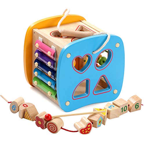 Lewo Wooden Shapes Sorter Activity Centers Lacing Beads Early Development Toys for Toddlers