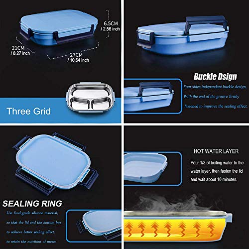 Bento Style Lunch Box for Adult teens, Removble 3 Compartments Stainless Steel Tray,On-the-Go Meal Dishwasher Safe,BPA-Free&Food-Safe Materials Reheat Storage Container Blue by ROYDOM ... - Thumbnail 3