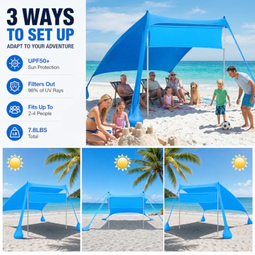 Anti UV UPF50+ Beach Tent 7ft x 7ft Sunshade Portable Canopy with 2 Pcs Aluminum Poles 4 Sand Bag Anchors Outdoor Shelter for Beach, Camping or Picnic, Blue