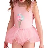 Julysand Toddler Girls One Piece Swimsuit Pink 3D Ice Cream Ruffled Bathing Suit Mesh Skirt Swimwear