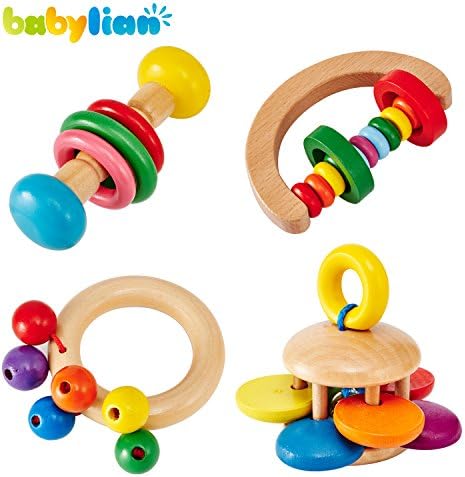 [US CPSC Certificated] Babylian Educational Grasping Rattles Combination of Beech Material for Children of More Than 3 Months Old (4 Type)