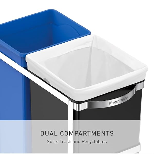 SIMPLEHUMAN 35 LITER / 9.3 GALLON DUAL COMPARTMENT UNDER COUNTER KITCHEN CABINET PULL-OUT RECYCLING BIN AND TRASH CAN, CHROME