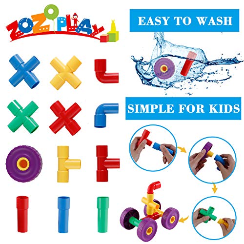 ZoZoplay STEM Learning Toy Tubular Pipes & Spouts & Joints 64 Piece Build Bicycle, Tank, Scootie, Moter Skills Endless Designs Educational Building Blocks Set for Kid Ages 3+ Multicolor - Thumbnail 2