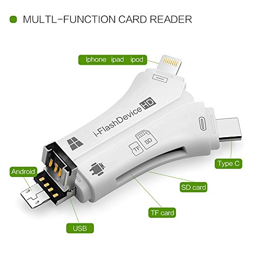 Card Reader, 4 in 1 i Flash Drive USB Micro SD &TF Card Reader Adapter for iPhone iPad IOS Android (White)