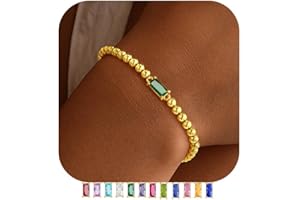 Yoosteel Dainty Birthstone Bracelet for Women - Elastic 14K-Gold-Plated Bead Bracelets Trendy Friendship Birthday Jewelry Gifts Christmas Stocking Stuffer for Women