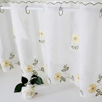 Amazon Ustide 紗のカーテン田園カフェカーテン刺繍黄色の花 デージー