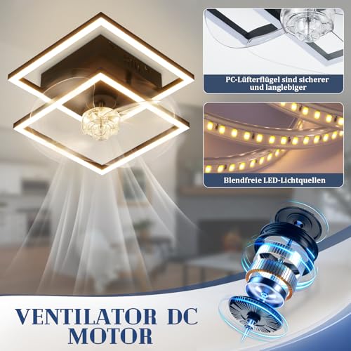 Homefire Ceiling Fan with Light - LED Lamp Fan Ceiling Silent and Remote Control Black 3000-6500K Dimmable Modern Ceiling Fans 6 Speeds DC Motor for Bedroom