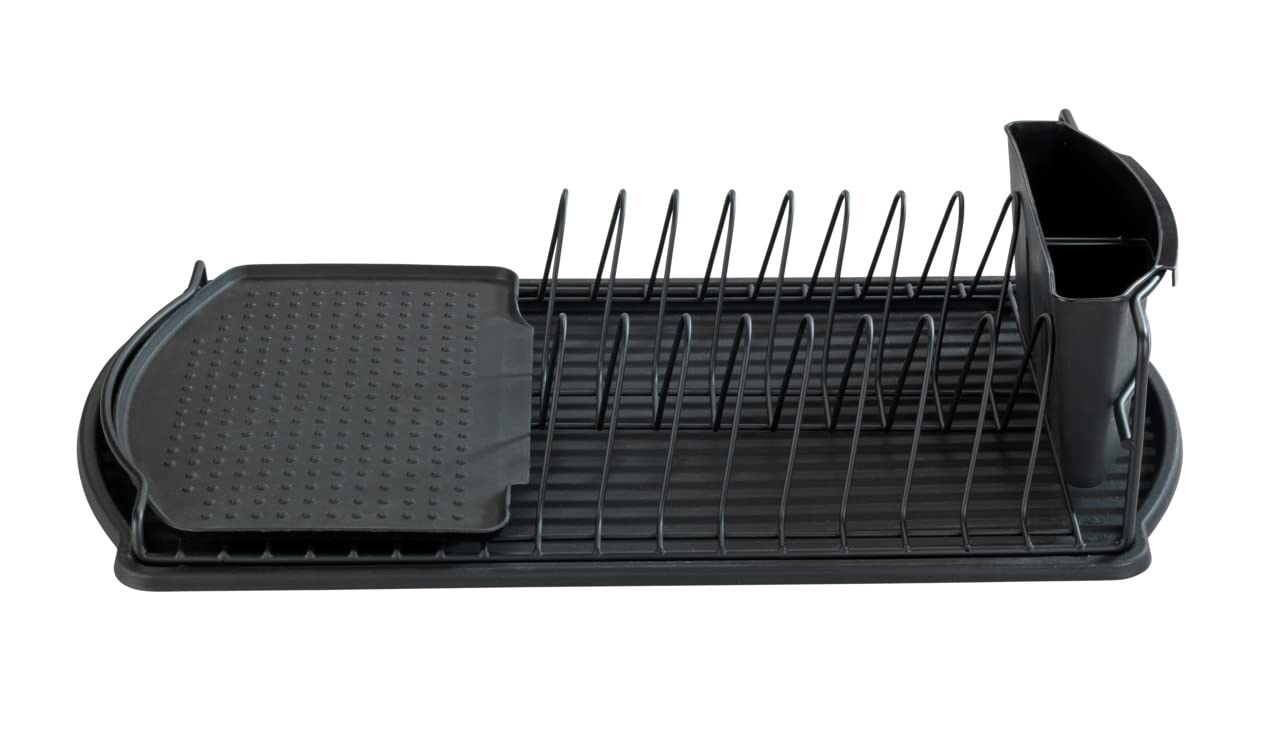 WENKO Basic Dish Drainer Dish Drainer for Dishes Ideal for Standing Add-to the Sink, Made of Powder-Coated Metal and Plastic, 47.5 x 11 x 26.5 cm, Black