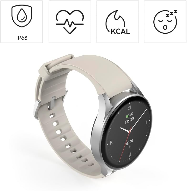 | Smartwatch 8900 (smartwatch, com GPS, ecrã tátil Amoled, relógio desportivo, permite chamadas mãos-livres) de cor prateada e bege.