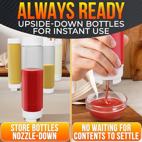 Set of 6 Inverted Condiment Squeeze Bottles 16 oz – Upgraded Design with Added Sealing Gaskets, Self-Closing Valve, Easy-to-Fill Clear Bottles for Sauces, Dressings, Ketchup, Mustard for Everyday Use
