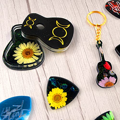 13Pcs Guitar Musical Pick Resin Mold, Triangle Pick Resin Mold Resin Cast Silicone And Guitar Pick Box Mold, Music Accessories Epoxy Resin Mold, With 10Pcs Golden Keychain, Necklace, Decoration (Guitar Pick Mold)
