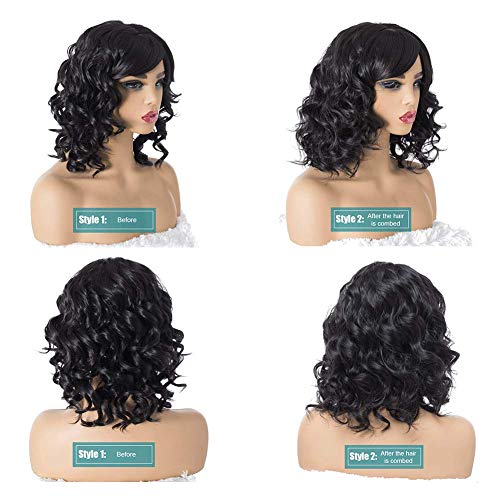 Summer Style Short Curly Wigs For Black Women, Upgrade Of Womens Black Wigs With Bangs (Black)