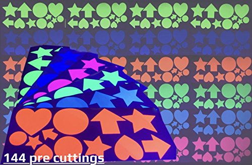 GreyParrot Tape UV Blacklight Reactive, (144 Pre Cuttings / Pack), 6 Colors, (Blue / Green / Yellow / Pink / Orange / White), Same material as UV Blacklight Tape (144 Pre Cuttings)
