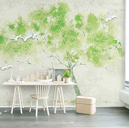 3D Mural Wallpaper Green Embossed Birds A Tree Simple Living Room Bedroom Wall Decoration Photo Mural,430X300Cm(169.29X118.11 in)