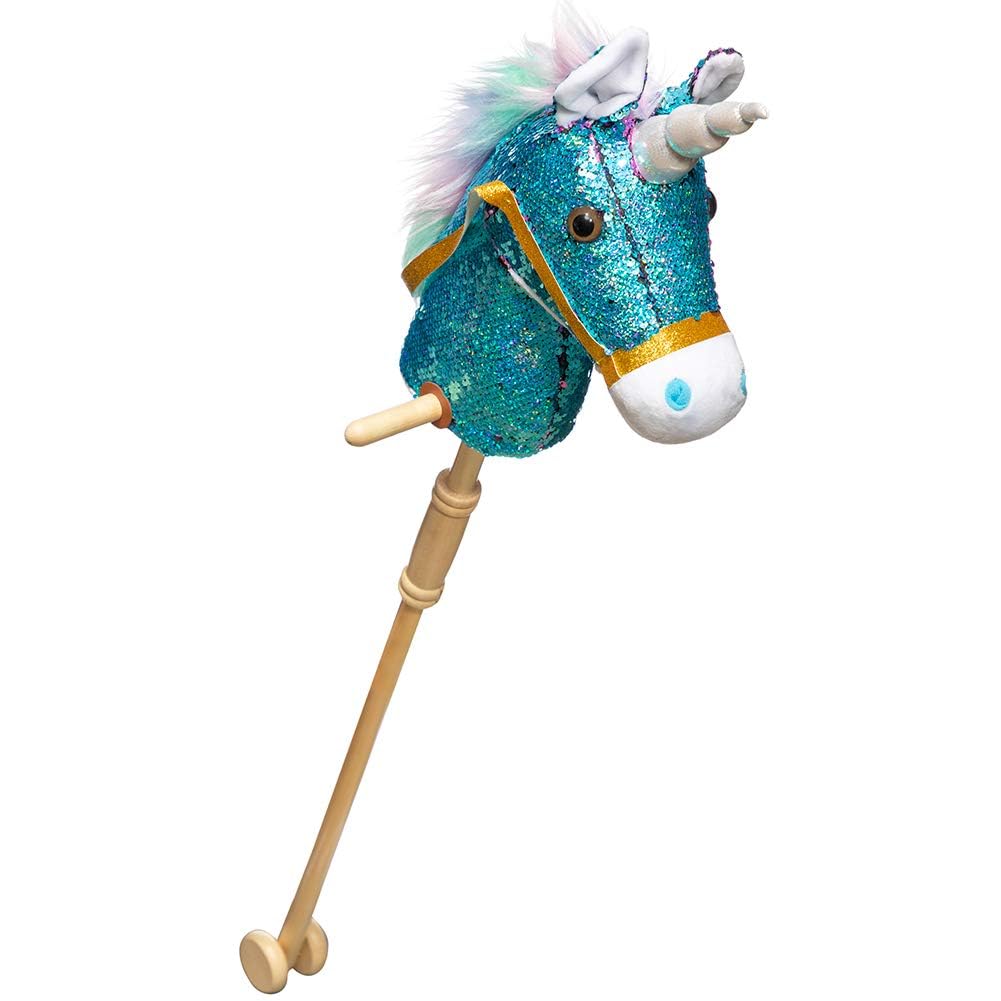 BEJOY Hobby Horse, Sequin Stick Horse with Wood Wheels Horse Toy Real Pony Neighing Galloping Sounds Plush Toy, Unicorn Plush Toy, Sequin Blue 36 inches (AA Batteries Required) — image 1