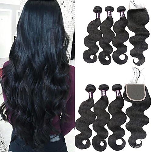 Usheen Hair Body Wave Bundles with Closure Body Wave Brazilian Virgin Hair with Closure Human Hair Bundles with Closure Body wave Closure with Bundles Free Part 12 14 16 with 12 Closure Human Hair