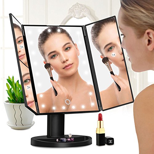 Amzdeal Makeup Vanity Mirror with 1X 2X 3X Magnifiers 24 Led Lighted Tri Fold Makeup Mirror 180 Degree Rotatable Countertop Bathroom Cosmetic Mirror, Black - Thumbnail 7