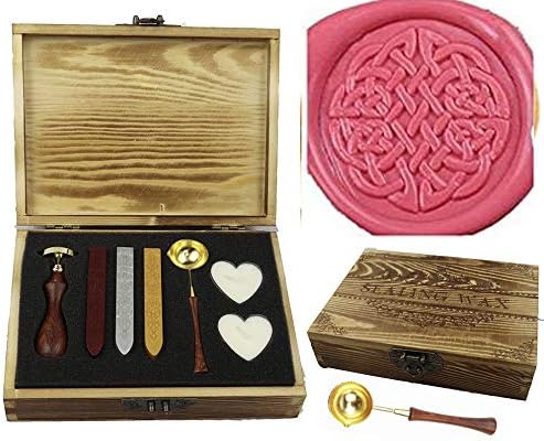 MNYRVintage Celtic Knot Elegant Wooden Box Wax Seal Sealing Stamp Wedding Invitation Gift Stationary Envelope Embellishment Seal Wax Seal Stick Wooden Handle Melting Spoon Candle Gift Box Set
