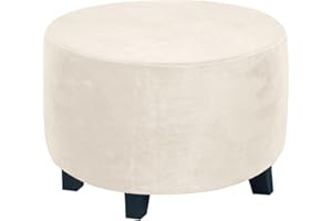 ADPON Velvet Plush Ottoman Cover,Super Stretch Round Ottoman Slipcover Washable Storage Stool Furniture Protector for Living Room (Large,Beige)
