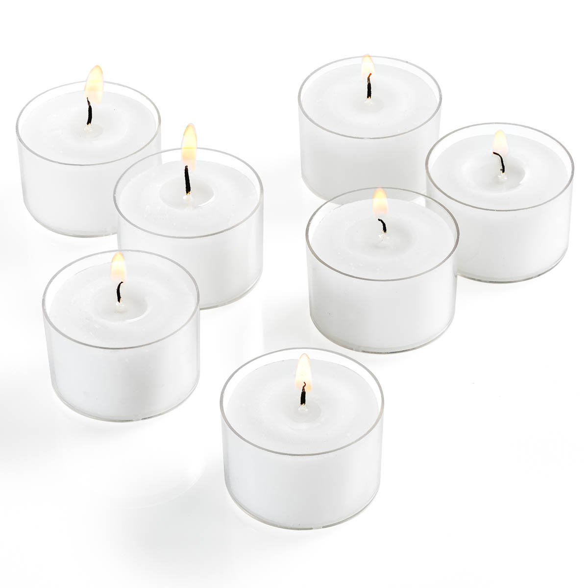 Unscented Tea Light Candles in Clear Cups White Set of 30 Burns